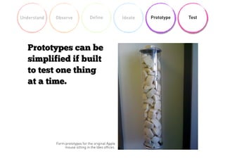 Understand Observe Define Ideate Prototype Test
Prototypes can be
simplified if built
to test one thing
at a time.
Form pr...