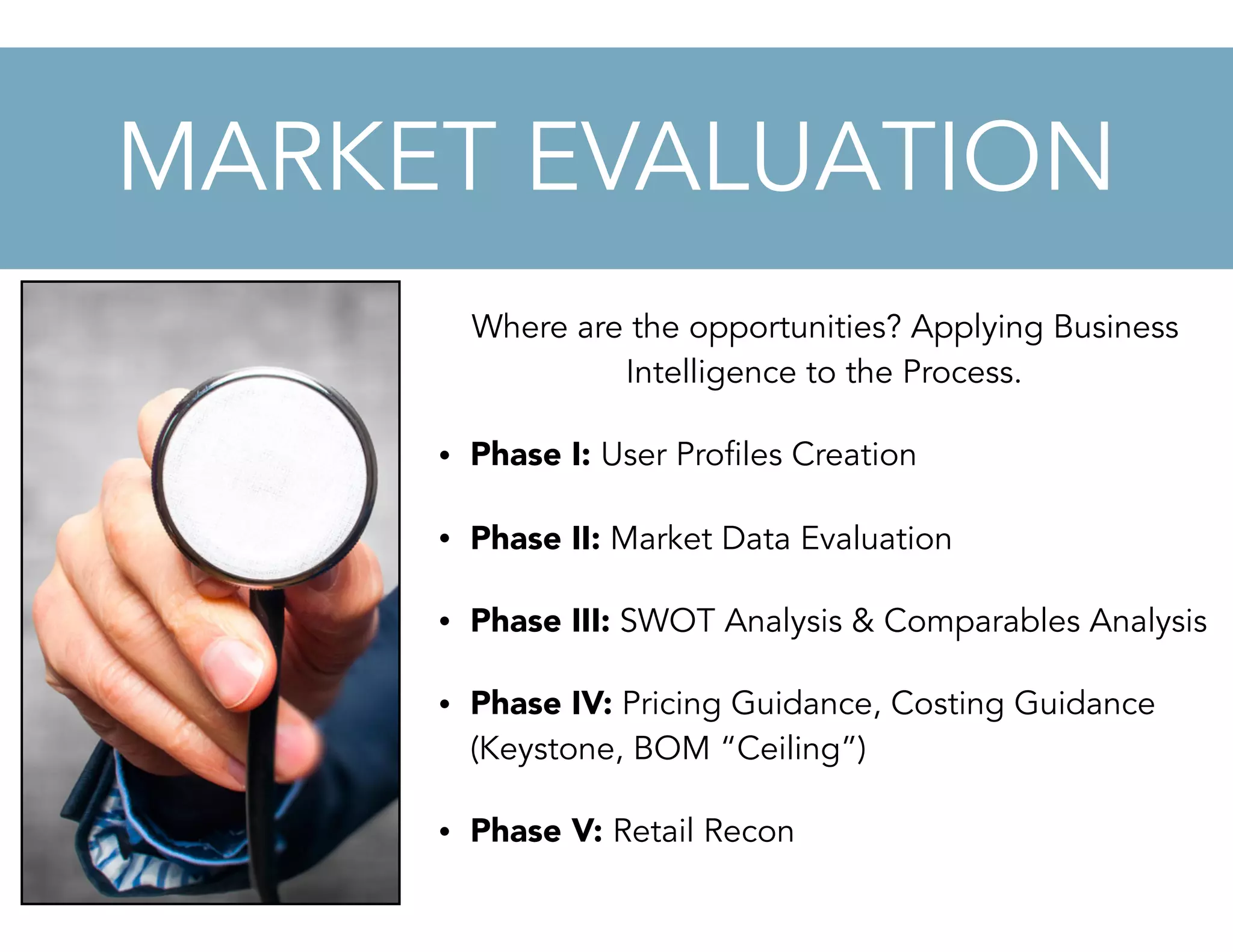 Where are the opportunities? Applying Business
Intelligence to the Process.
• Phase I: User Profiles Creation
• Phase II: Market Data Evaluation
• Phase III: SWOT Analysis & Comparables Analysis
• Phase IV: Pricing Guidance, Costing Guidance
(Keystone, BOM “Ceiling”)
• Phase V: Retail Recon
MARKET EVALUATION
 