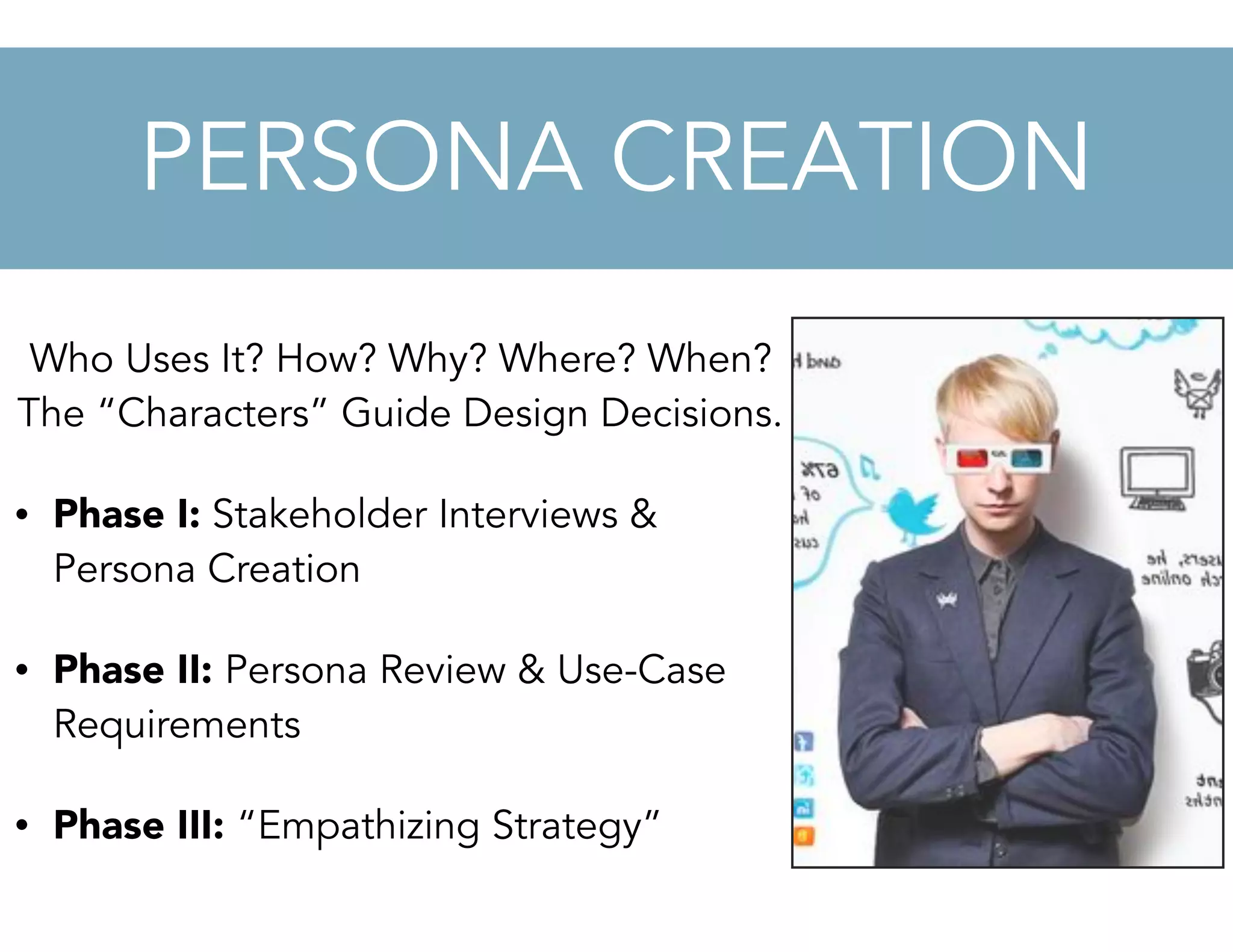Who Uses It? How? Why? Where? When?
The “Characters” Guide Design Decisions.
• Phase I: Stakeholder Interviews &
Persona Creation
• Phase II: Persona Review & Use-Case
Requirements
• Phase III: “Empathizing Strategy”
PERSONA CREATION
 