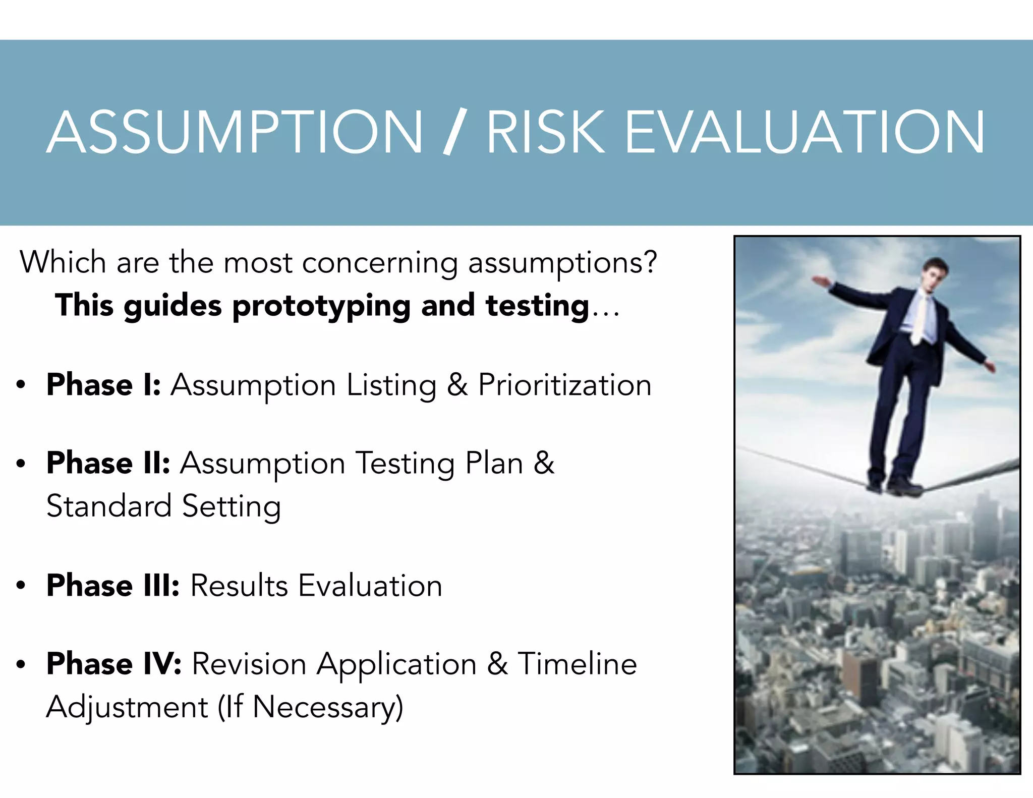 Which are the most concerning assumptions?
This guides prototyping and testing…
• Phase I: Assumption Listing & Prioritization
• Phase II: Assumption Testing Plan &
Standard Setting
• Phase III: Results Evaluation
• Phase IV: Revision Application & Timeline
Adjustment (If Necessary)
ASSUMPTION / RISK EVALUATION
 