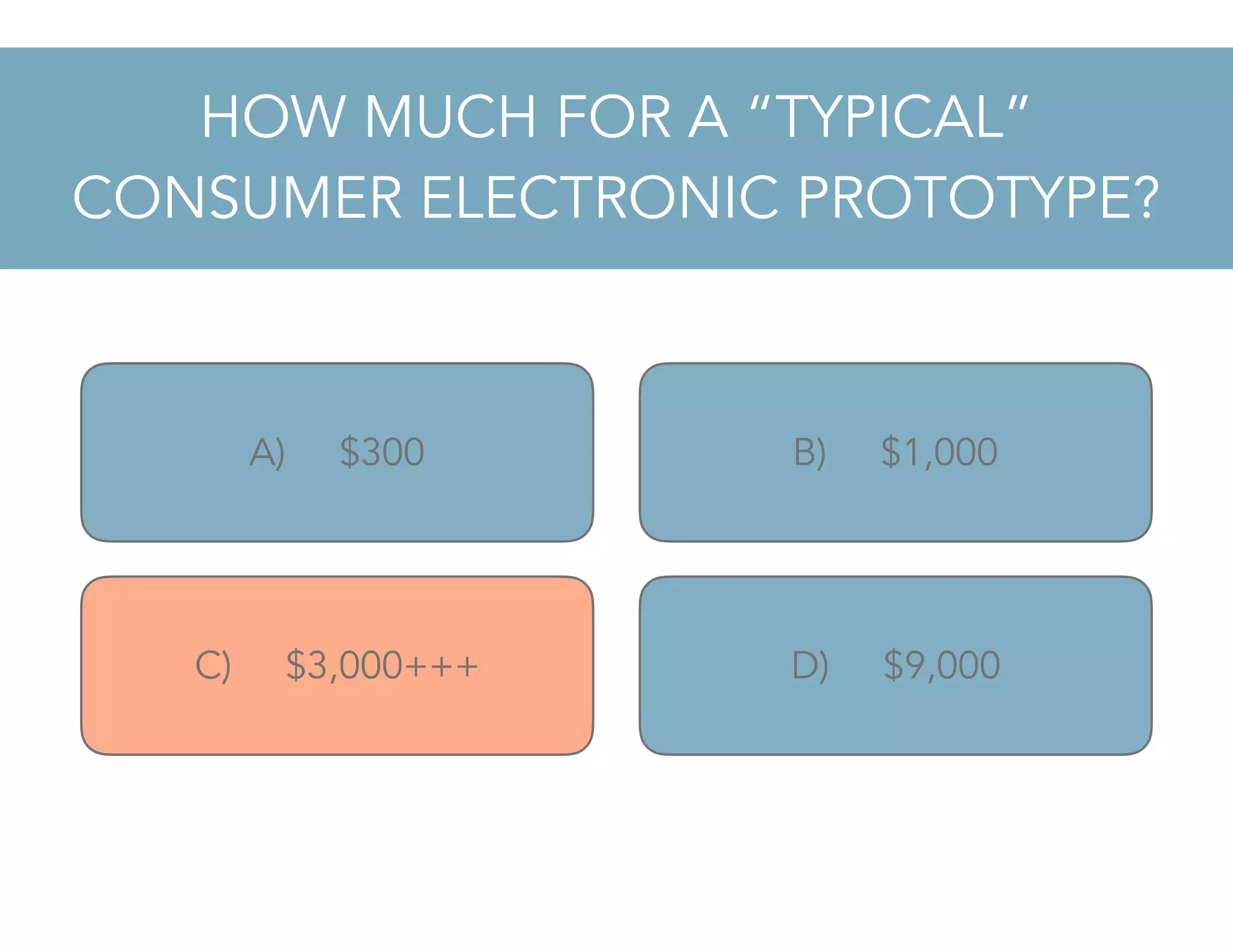 HOW MUCH FOR A “TYPICAL”
CONSUMER ELECTRONIC PROTOTYPE?
A) $300
C) $3,000+++
B) $1,000
D) $9,000
 
