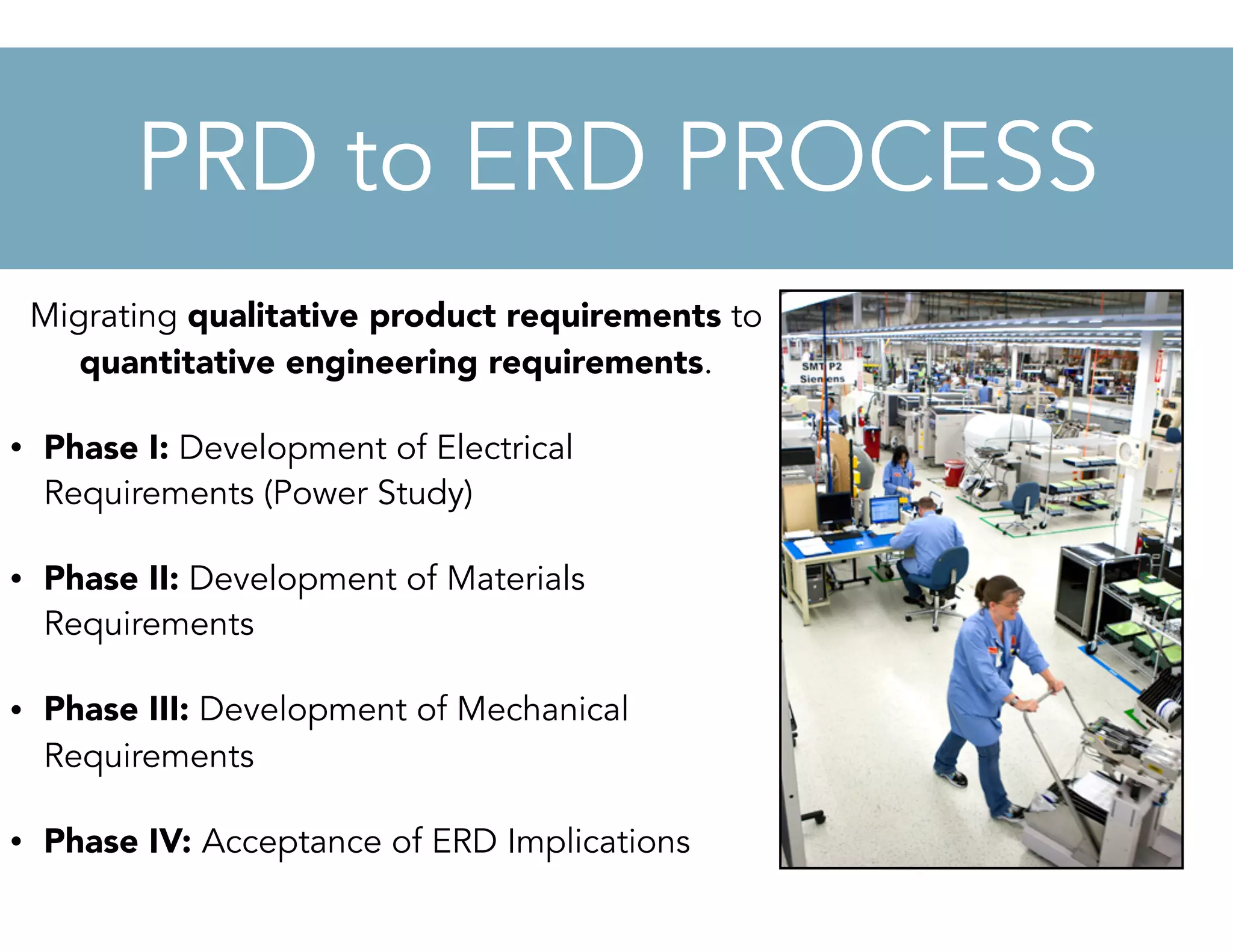 Migrating qualitative product requirements to
quantitative engineering requirements.
• Phase I: Development of Electrical
Requirements (Power Study)
• Phase II: Development of Materials
Requirements
• Phase III: Development of Mechanical
Requirements
• Phase IV: Acceptance of ERD Implications
PRD to ERD PROCESS
 