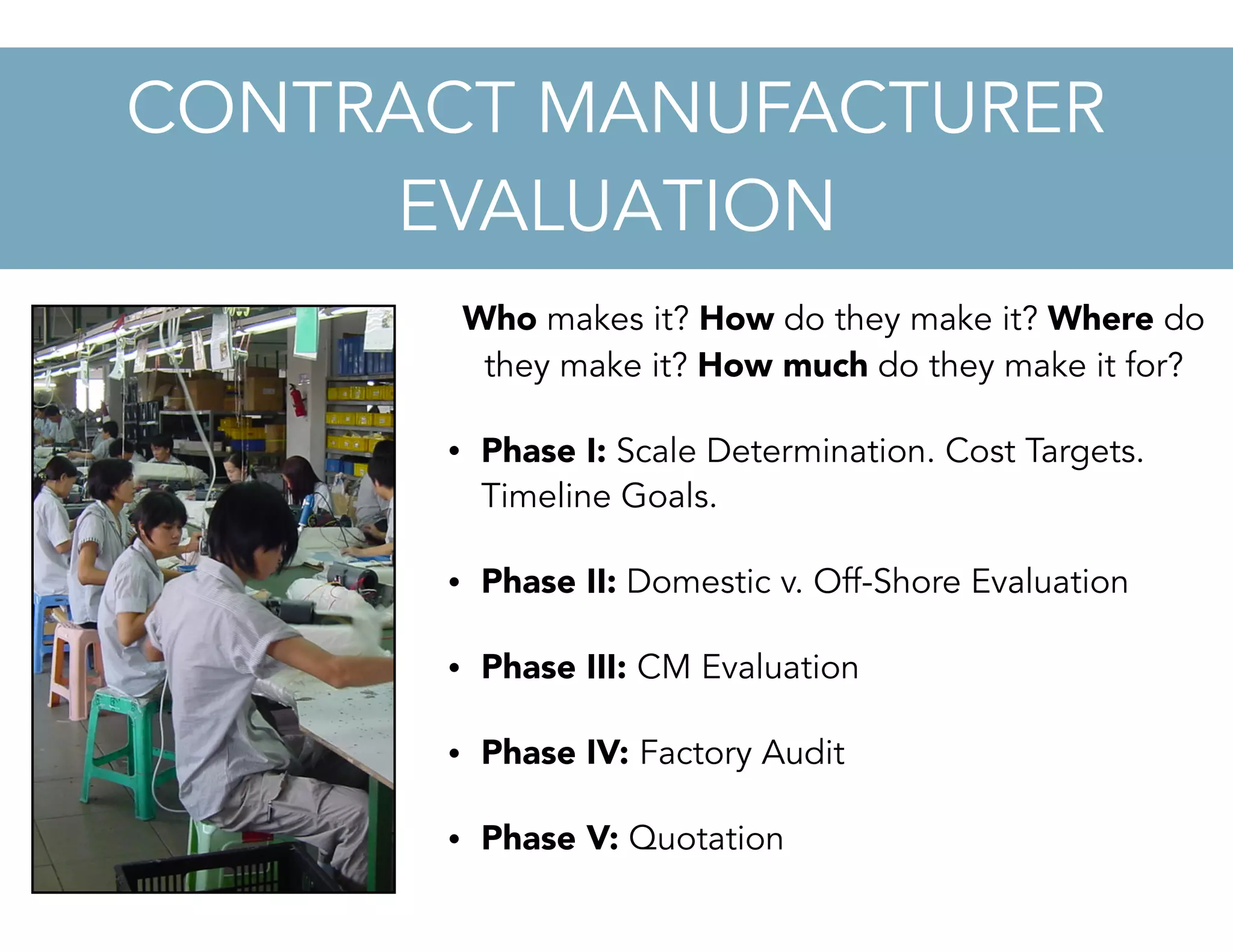 Who makes it? How do they make it? Where do
they make it? How much do they make it for?
• Phase I: Scale Determination. Cost Targets.
Timeline Goals.
• Phase II: Domestic v. Off-Shore Evaluation
• Phase III: CM Evaluation
• Phase IV: Factory Audit
• Phase V: Quotation
CONTRACT MANUFACTURER
EVALUATION
 