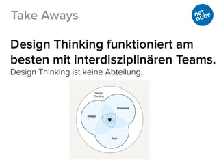 Design Thinking funktioniert am
besten mit interdisziplinären Teams.
Design Thinking ist keine Abteilung.
Take Aways
 