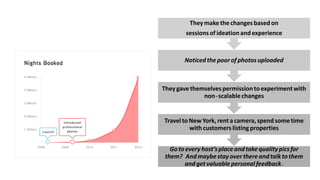 Gotoeveryhost’splaceandtakequalitypicsfor
them? Andmaybestayoverthereandtalktothem
andgetvaluable personalfeedback.
TraveltoNewYork,rentacamera,spendsometime
withcustomerslistingproperties
Theygavethemselvespermissiontoexperimentwith
non-scalablechanges
Noticedthepoorofphotosuploaded
Theymakethechangesbasedon
sessionsofideationandexperience
 