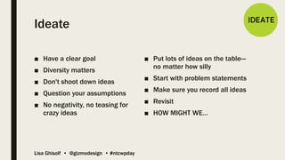Lisa Ghisolf • @gizmodesign • #ntcwpday
Ideate
■ Have a clear goal
■ Diversity matters
■ Don't shoot down ideas
■ Question...