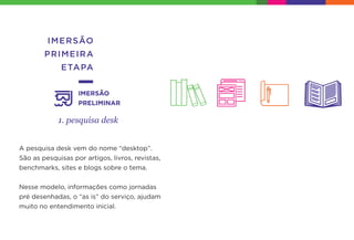 IMERSÃO
PRIMEIRA
ETAPA
1. pesquisa desk
IMERSÃO
PRELIMINAR
A pesquisa desk vem do nome “desktop”.
São as pesquisas por artigos, livros, revistas,
benchmarks, sites e blogs sobre o tema.
Nesse modelo, informações como jornadas
pré desenhadas, o “as is” do serviço, ajudam
muito no entendimento inicial.
 