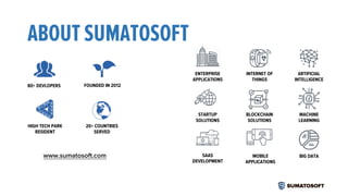 ABOUT SUMATOSOFT
80+ DEVLOPERS FOUNDED IN 2012
HIGH TECH PARK
RESIDENT
20+ COUNTRIES
SERVED
www.sumatosoft.com
ENTERPRISE
APPLICATIONS
STARTUP
SOLUTIONS
SAAS
DEVELOPMENT
INTERNET OF
THINGS
BLOCKCHAIN
SOLUTIONS
ARTIFICIAL
INTELLIGENCE
MACHINE
LEARNING
BIG DATAMOBILE
APPLICATIONS
 