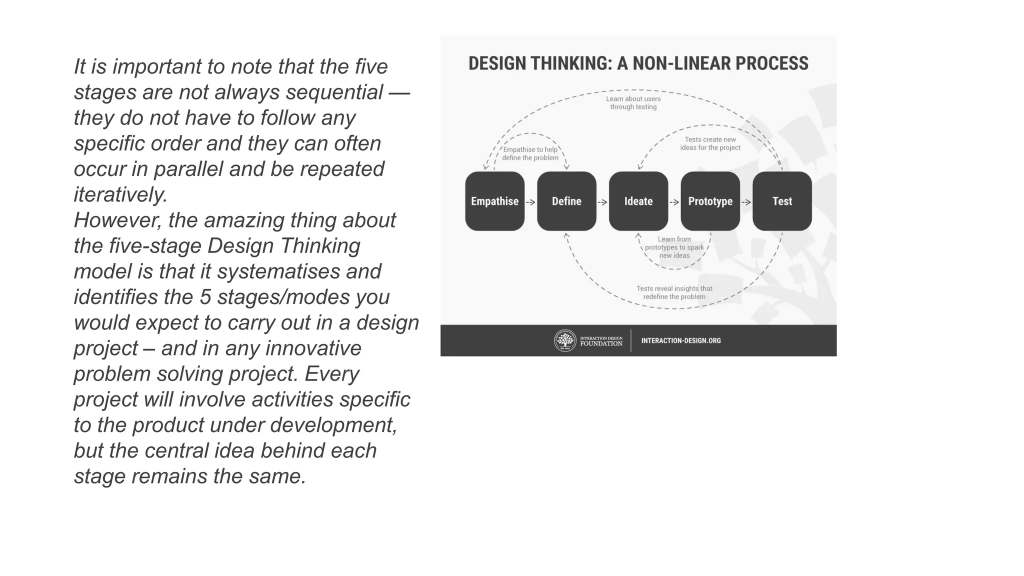 It is important to note that the five
stages are not always sequential —
they do not have to follow any
specific order and they can often
occur in parallel and be repeated
iteratively.
However, the amazing thing about
the five-stage Design Thinking
model is that it systematises and
identifies the 5 stages/modes you
would expect to carry out in a design
project – and in any innovative
problem solving project. Every
project will involve activities specific
to the product under development,
but the central idea behind each
stage remains the same.
 