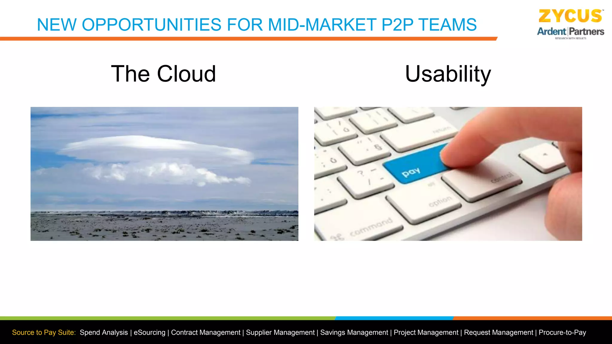Source to Pay Suite: Spend Analysis | eSourcing | Contract Management | Supplier Management | Savings Management | Project Management | Request Management | Procure-to-Pay
NEW OPPORTUNITIES FOR MID-MARKET P2P TEAMS
The Cloud Usability
 