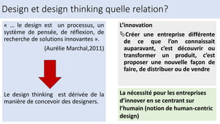 Design et design thinking quelle relation?
L’innovation
Créer une entreprise différente
de ce que l’on connaissait
auparavant, c’est découvrir ou
transformer un produit, c’est
proposer une nouvelle façon de
faire, de distribuer ou de vendre
« … le design est un processus, un
système de pensée, de réflexion, de
recherche de solutions innovantes ».
(Aurélie Marchal,2011)
Le design thinking est dérivée de la
manière de concevoir des designers.
La nécessité pour les entreprises
d’innover en se centrant sur
l’humain (notion de human-centric
design)
 