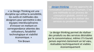 Le design thinking est une approche de
l’innovation centrée sur l’humain. C’est
une méthode ou un process de
conception globale, centré sur
l’utilisateur en vue de réaliser des
services ou produits innovants.
Le design thinking permet de réaliser
des produits ou des services désirables
par le consommateur, même s’il n’aurait
jamais exprimé clairement un tel vœu,
réalisables techniquement et viables
économiquement
« Le Design Thinking est une
discipline qui utilise la sensibilité,
les outils et méthodes des
designers pour permettre à des
équipes interdisciplinaires
d’innover en mettant en
correspondance attentes des
utilisateurs, faisabilité
technologique et viabilité
économique. »
Tim Brown
 