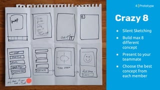 Crazy 8
● Silent Sketching
● Build max 8
diﬀerent
concept
● Present to your
teammate
● Choose the best
concept from
each member
4 | Prototype
 