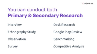 You can conduct both
Primary & Secondary Research
Interview
Ethnography Study
Observation
Desk Research
Survey
Google Play Review
1 | Emphatise
Benchmarking
Competitive Analysis
 