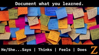He/She...Says | Thinks | Feels | Does
Document what you learned.
 