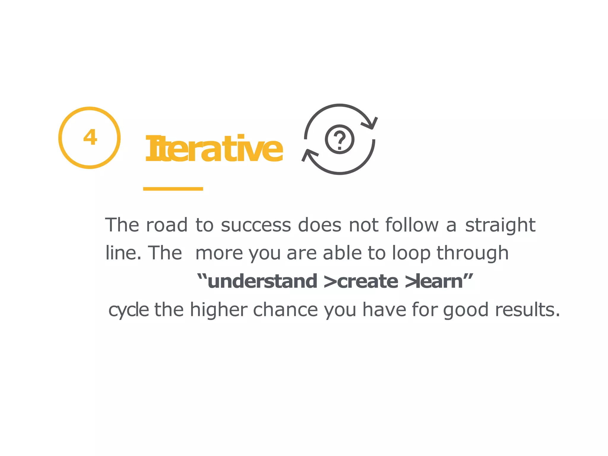 I
terative
The road to success does not follow a straight
line. The more you are able to loop through
“understand >create >
learn”
cycle the higher chance you have for good results.
4
 