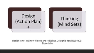 Designisnotjusthowitlooksandfeelslike,DesignishowitWORKS-
SteveJobs
Design
(Action Plan)
+
Thinking
(Mind Sets)
 