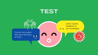 TEST
Ask for student
feedback on
your prototypes.
Find out how student
feel about the lesson
at hand.
 