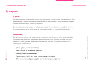 Design
Thinking:
a
inovação
criativa
e
colaborativa
109
4. Prototipação & Testes — A validação da ideia 4. Prototipação & Testes: na prática
Storyboard
É uma representação visual bastante utilizada em narrativas que envolvem ações, objetos e cenários. Com
essa ferramenta é possível ilustrar em quadros as cenas de uso da solução e como os usuários interagem
com ela, descrevendo a sua jornada em sequência.
Storyboard pode ser de uma ação, como fluxo de um aplicativo, ou então de uma situação de serviço,
envolvendo espaços físicos, atores, ações da empresa e do usuário em produtos físicos e digitais.
O que é?
É uma ferramenta simples, mas que precisa de atenção para que não ocorram ruídos na representação,
comunicação e entendimento. A sequência de quadros precisa contar a história completa, com início,
meio e fim e que faça sentido. Você pode utilizar desenhos, colagens, fotografias ou qualquer outra
representação semântica visual.
- Liste as ações que serão representadas;
- Defina o nível de de detalhamento das ações;
- Construa a ordem da representação;
- Faça um rascunho prévio para validar a sequência e as informações;
- Utilize ferramentas analógicas ou digitais para construir a representação final.
Como fazer?
Storyboard
 