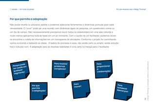 Porque pode
ser usado em
qualquer
segmento!
Para
proporcionar
a
colaboração!
Por que
permite
a adaptação!
Para resolver
problemas
complexos!
Para
inovar!
Para
fortalecer
lideranças!
Design
Thinking:
a
inovação
criativa
e
colaborativa
12
1. Imersão — Um modo de pensar
Não existe receita ou processo padrão e podemos selecionar ferramentas e dinâmicas pontuais para cada
necessidade. O “ouvir” pode ser uma reunião com dinâmicas ágeis de pesquisa, um questionário online ou
um dia de campo. Não necessariamente precisamos reunir todos os stakeholders em uma sala colorida e
muito menos aplicarmos toda as fases em um só momento. Com o auxílio de um facilitador, podemos dividir
os encontros e coleta de informações em um cronograma de atividades. Conforme o projeto for caminhando
vamos evoluindo e testando as ideias. A beleza do processo é essa: não existe certo ou errado, existe solução
boa e solução ruim. A adaptação para as diversas realidades é uma carta na manga para o facilitador.
Por que permite a adaptação
Por que devemos usar o Design Thinking?
 