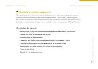 Além das pessoas, dos problemas complexos, do planejamento e das ferramentas, também é preciso
um espaço com uma infraestrutura que reúna todos esses fatores e permita que a mágica aconteça.
Não são itens obrigatórios e muito menos empecilhos caso não estejam disponíveis. São apenas tópicos
já utilizados em projetos e que de alguma forma auxiliarão no decorrer do processo de Design Thinking.
- Mesas grandes ou bancadas para apoiar materiais e permitir interações dos participantes;
- Cadeiras para todos os participantes das equipes;
- Quadros brancos ou quadros negros;
- Locais onde seja possível colar materiais para exposição, como paredes e vidros;
- Projetores ou televisores que permitam a reprodução de conteúdos digitais;
- Mesas de corte para refilar materiais com estilete sem preocupações;
- Pontos de rede elétrica;
- Conexão Wi-fi ou por cabos de rede.
[ ] Infraestrutura, materiais e equipamentos
Infraestrutura dos espaços:
5. Implementação — O processo efetivado Checklist básico para inovar com Design Thinking
Design
Thinking:
a
inovação
criativa
e
colaborativa
130
 