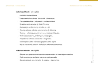 5. Implementação — O processo efetivado Checklist básico para inovar com Design Thinking
- Quilos de Post-its coloridos;
- Canetinhas de ponta grossa, para facilitar a visualização;
- Fita crepe para ajudar a colar papéis e montar protótipos;
- Templates das ferramentas de Design Thinking;
- Muitos papéis em branco, nos formatos A4 e A3;
- Etiquetas adesivas redondas para momentos de dot voting;
- Tesouras e estiletes para auxiliar em momentos de prototipação;
- Bastões de cola branca, também para prototipações;
- Fitas adesivas coloridas para auxiliar a imaginação;
- Canetas para quadros brancos ou giz para quadros negros;
- Réguas para auxiliar possíveis medições ou refilamento de materiais;
Materiais utilizados em equipe
- Câmeras para registrar momentos do processo e também as interações com usuários;
- Tripés para câmeras, auxiliando nos momentos de gravação;
- Gravadores de voz para momentos de pesquisa e depoimentos;
Materiais utilizados em equipe
Design
Thinking:
a
inovação
criativa
e
colaborativa
131
 