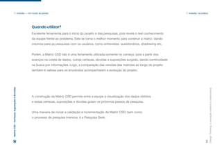 Design
Thinking:
a
inovação
criativa
e
colaborativa
24
1. Imersão — Um modo de pensar 1. Imersão: na prática
Excelente ferramenta para o início do projeto e das pesquisas, pois revela o real conhecimento
da equipe frente ao problema. Este se torna o melhor momento para construir a matriz, dando
insumos para as pesquisas com os usuários, como entrevistas, questionários, shadowing etc.
Porém, a Matriz CSD não é uma ferramenta utilizada somente no começo, pois a partir dos
avanços na coleta de dados, outras certezas, dúvidas e suposições surgirão, dando continuidade
na busca por informações. Logo, a comparação das versões das matrizes ao longo do projeto
também é valiosa para os envolvidos acompanharem a evolução do projeto.
A construção da Matriz CSD permite entre a equipe a visualização dos dados obtidos
e essas certezas, suposições e dúvidas guiam os próximos passos da pesquisa.
Uma maneira de iniciar a validação e incrementação da Matriz CSD, bem como
o processo de pesquisa imersiva, é a Pesquisa Desk.
Quando utilizar?
Matriz
CSD
-
Certezas,
Suposições
e
Dúvidas
 
