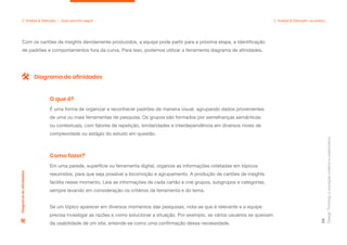 Design
Thinking:
a
inovação
criativa
e
colaborativa
56
Com os cartões de insights devidamente produzidos, a equipe pode partir para a próxima etapa, a identificação
de padrões e comportamentos fora da curva. Para isso, podemos utilizar a ferramenta diagrama de afinidades.
2. Análise & Definição — Qual caminho seguir 2. Análise & Definição: na prática
É uma forma de organizar e reconhecer padrões de maneira visual, agrupando dados provenientes
de uma ou mais ferramentas de pesquisa. Os grupos são formados por semelhanças semânticas
ou contextuais, com fatores de repetição, similaridades e interdependência em diversos níveis de
complexidade ou estágio do estudo em questão.
O que é?
Em uma parede, superfície ou ferramenta digital, organize as informações coletadas em tópicos
resumidos, para que seja possível a locomoção e agrupamento. A produção de cartões de insights
facilita nesse momento. Leia as informações de cada cartão e crie grupos, subgrupos e categorias,
sempre levando em consideração os critérios da ferramenta e do tema.
Se um tópico aparecer em diversos momentos das pesquisas, nota-se que é relevante e a equipe
precisa investigar as razões e como solucionar a situação. Por exemplo, se vários usuários se queixam
da usabilidade de um site, entende-se como uma confirmação dessa necessidade.
Como fazer?
Diagrama de afinidades
Diagrama
de
afinidades
 