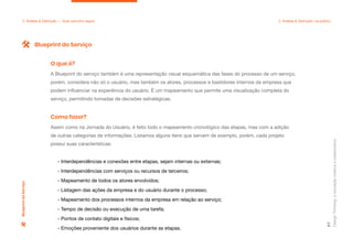 Design
Thinking:
a
inovação
criativa
e
colaborativa
67
2. Análise & Definição — Qual caminho seguir 2. Análise & Definição: na prática
A Blueprint do serviço também é uma representação visual esquemática das fases do processo de um serviço,
porém, considera não só o usuário, mas também os atores, processos e bastidores internos da empresa que
podem influenciar na experiência do usuário. É um mapeamento que permite uma visualização completa do
serviço, permitindo tomadas de decisões estratégicas.
O que é?
Assim como na Jornada do Usuário, é feito todo o mapeamento cronológico das etapas, mas com a adição
de outras categorias de informações. Listamos alguns itens que servem de exemplo, porém, cada projeto
possui suas características:
- Interdependências e conexões entre etapas, sejam internas ou externas;
- Interdependências com serviços ou recursos de terceiros;
- Mapeamento de todos os atores envolvidos;
- Listagem das ações da empresa e do usuário durante o processo;
- Mapeamento dos processos internos da empresa em relação ao serviço;
- Tempo de decisão ou execução de uma tarefa;
- Pontos de contato digitais e físicos;
- Emoções proveniente dos usuários durante as etapas.
Como fazer?
Blueprint do Serviço
Blueprint
do
Serviço
 
