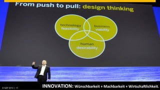© SAP 2013 | AG. All rights reserved.
   ©  2013 SAP 11
                                        INNOVATION:	
  Wünschbarkeit	
  +	
  Machbarkeit	
  +	
  WirtschaRlichkeit.	
  
                                                                                                           © SAP 201211 11
                                                                                                          Public       |
 