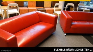 © SAP 2013 | AG. All rights reserved.
   ©  2013 SAP 17
                                        FLEXIBLE	
  RÄUMLICHKEITEN	
  …	
  
                                                                  © SAP 201217 17
                                                                 Public      |
 