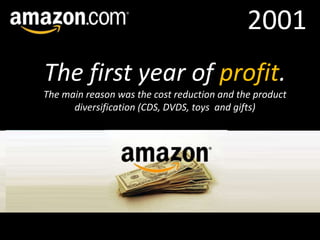 2001The first year of profit.The main reason was the cost reduction and the product diversification (CDS, DVDS, toys  and gifts)