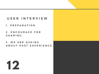 U S E R I N T E R V I E W
12
1 .   P R E P A R A T I O N
2 . E N C O U R A G E F O R
S H A R I N G
3 . W E A R E A S K I N G
A B O U T P A S T E X P E R I E N C E
 
