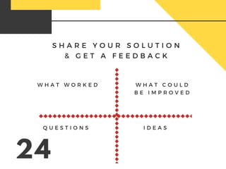 S H A R E Y O U R S O L U T I O N
& G E T A F E E D B A C K
24
W H A T W O R K E D W H A T   C O U L D
B E I M P R O V E D
Q U E S T I O N S   I D E A S  
 