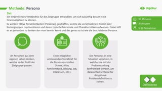 Methode: Persona
Ziel:
Ein tiefgreifendes Verständnis für die Zielgruppe entwicklen, um sich zukünftig besser in sie
hineinversetzen zu können.
Es werden fiktive Persönlichkeiten (Personas) geschaffen, welche die verschiedenen Nutzer oder
Nutzergruppen repräsentieren und deren typische Merkmale und Charakteristiken aufweisen. Dabei hilft
es an jemanden zu denken den man bereits kennt und der genau so ist wie die beschriebene Persona.
An Personen aus dem
eigenen Leben denken,
welche in das Profil der
Zielgruppe passen.
Einen möglichst
umfassenden Steckbrief für
die Personas erstellen
(Name, Alter,
Familienstand, Bildung, Job,
Interessen, etc.).
Die Personas in eine
Situation versetzen, in
welcher sie mit der
Problemstellung
konfrontiert werden, um
daraus Rückschlüsse für
die genaue
Problemdefinition zu
ziehen.
20 Minuten
3 Minuten
5-10 Teilnehmer
Definieren
 