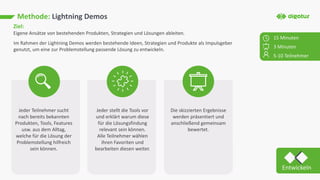 Methode: Lightning Demos
Ziel:
Eigene Ansätze von bestehenden Produkten, Strategien und Lösungen ableiten.
Im Rahmen der Lightning Demos werden bestehende Ideen, Strategien und Produkte als Impulsgeber
genutzt, um eine zur Problemstellung passende Lösung zu entwickeln.
Jeder Teilnehmer sucht
nach bereits bekannten
Produkten, Tools, Features
usw. aus dem Alltag,
welche für die Lösung der
Problemstellung hilfreich
sein können.
Jeder stellt die Tools vor
und erklärt warum diese
für die Lösungsfindung
relevant sein können.
Alle Teilnehmer wählen
ihren Favoriten und
bearbeiten diesen weiter.
Die skizzierten Ergebnisse
werden präsentiert und
anschließend gemeinsam
bewertet.
15 Minuten
3 Minuten
5-10 Teilnehmer
Entwickeln
 