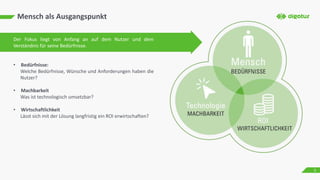 Mensch als Ausgangspunkt
Der Fokus liegt von Anfang an auf dem Nutzer und dem
Verständnis für seine Bedürfnisse.
• Bedürfnisse:
Welche Bedürfnisse, Wünsche und Anforderungen haben die
Nutzer?
• Machbarkeit
Was ist technologisch umsetzbar?
• Wirtschaftlichkeit
Lässt sich mit der Lösung langfristig ein ROI erwirtschaften?
5
 