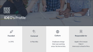 IDEO’s Profile
IDEOTeam
Responsible forFounded Centered Culture
in 1991 in Palo Alto Employees design
their own working
areas. No hierarchies.
Apple's first mouse
Palm V
Intercorp's school in Peru
 