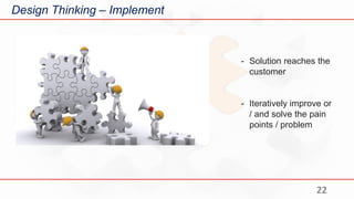 22
Design Thinking – Implement
- Solution reaches the
customer
- Iteratively improve or
/ and solve the pain
points / prob...