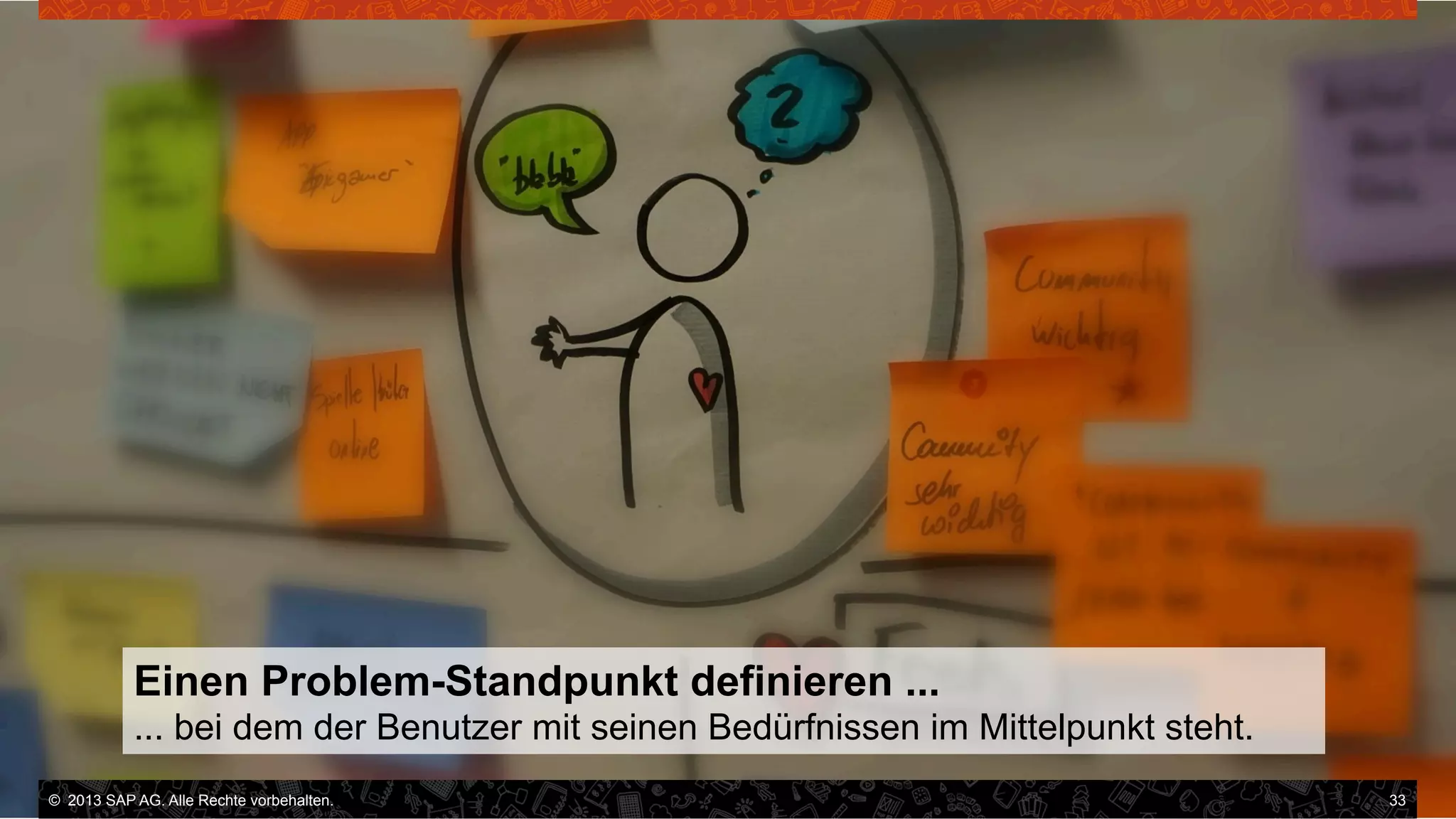 Einen Problem-Standpunkt definieren ...
... bei dem der Benutzer mit seinen Bedürfnissen im Mittelpunkt steht.
©  2013 SAP AG. Alle Rechte vorbehalten..
vorbehalten.

33

 