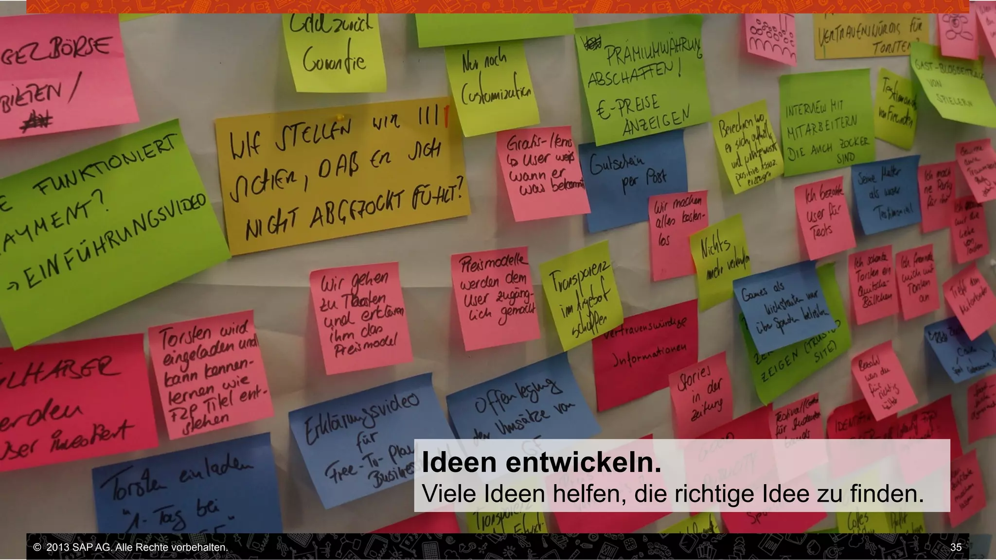 Ideen entwickeln.
Viele Ideen helfen, die richtige Idee zu finden.
©  2013 SAP AG. Alle Rechte vorbehalten..
vorbehalten.

35

 