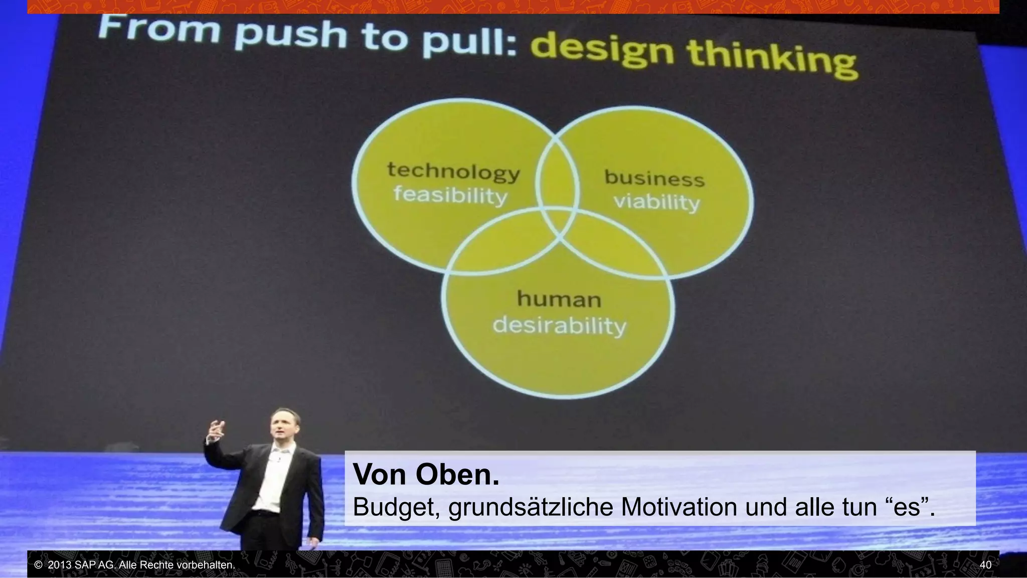 Von Oben.
Budget, grundsätzliche Motivation und alle tun “es”.
©  2013 SAP AG. Alle Rechte vorbehalten..
vorbehalten.

40

 