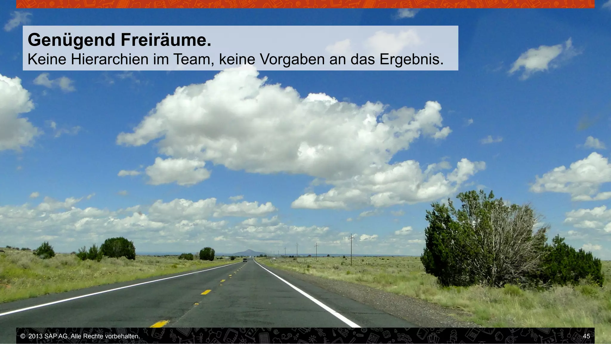 Genügend Freiräume.
Keine Hierarchien im Team, keine Vorgaben an das Ergebnis.

©  2013 SAP AG. Alle Rechte vorbehalten..
vorbehalten.

45

 