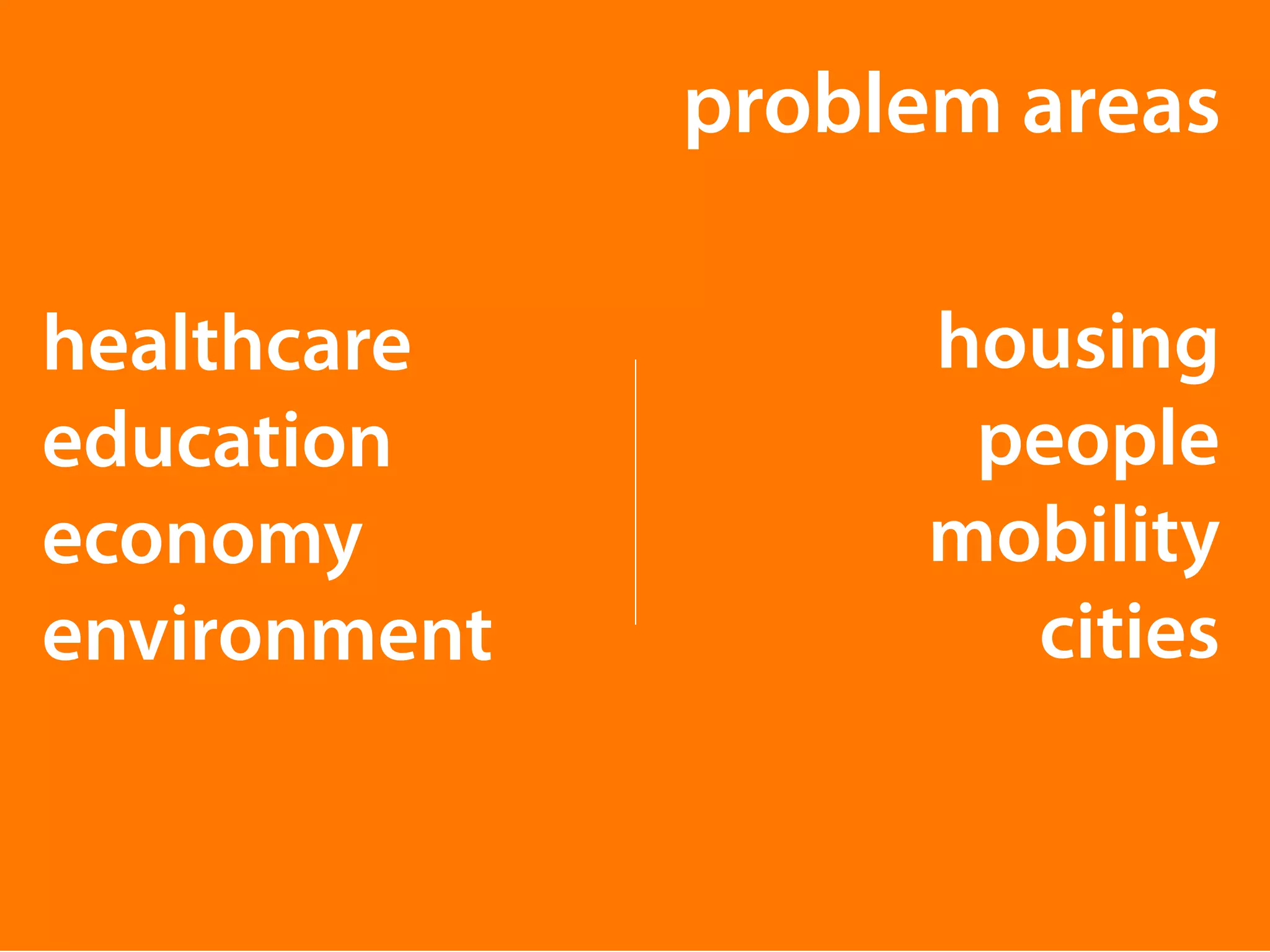 problem areas 
healthcare 
education 
economy 
environment 
housing 
people 
mobility 
cities 
 