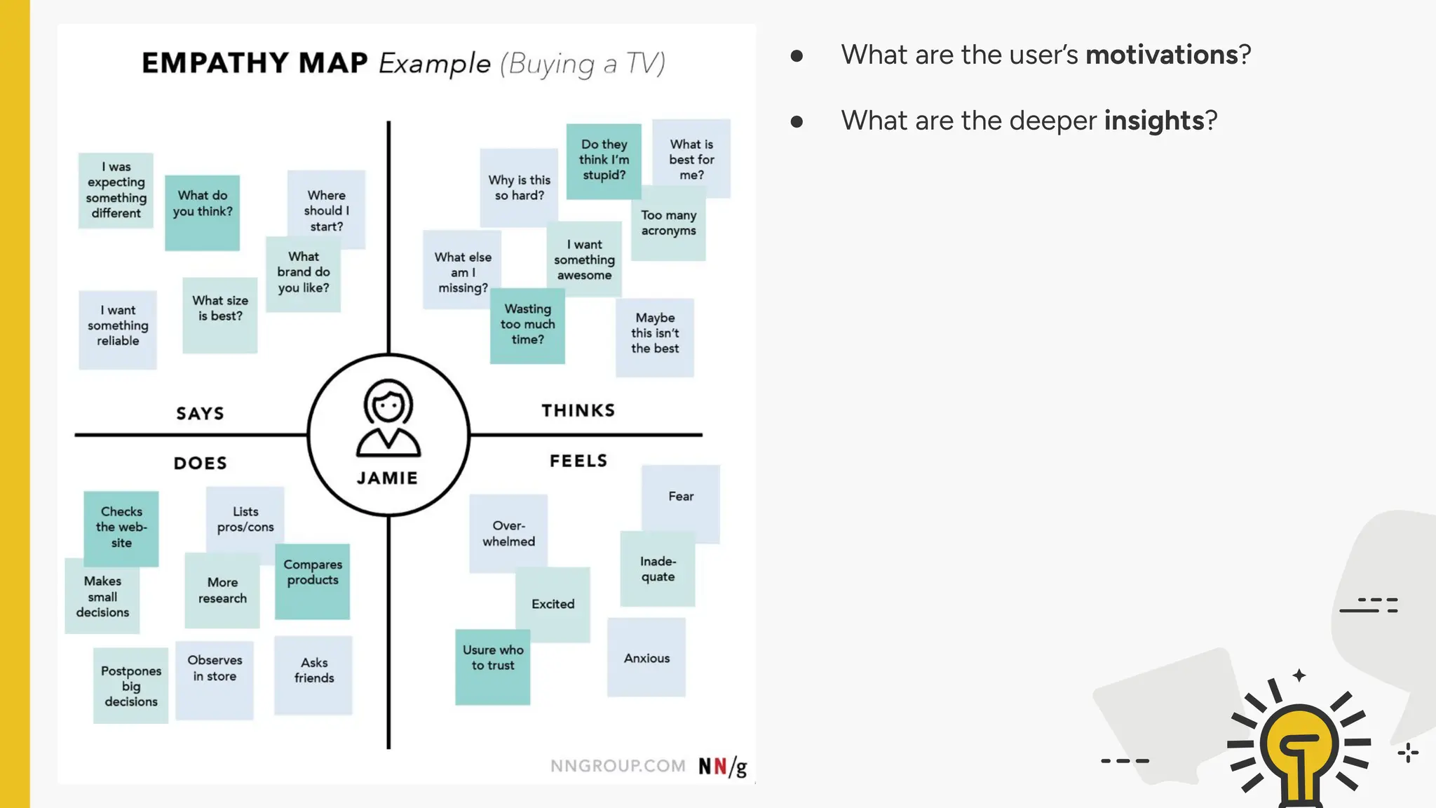 ● What are the user’s motivations?
● What are the deeper insights?
 