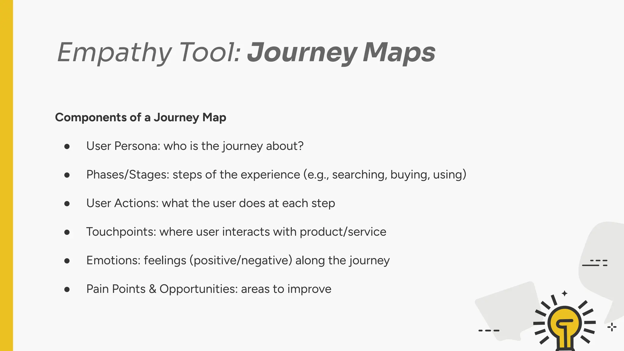 Empathy Tool: Journey Maps
Components of a Journey Map
● User Persona: who is the journey about?
● Phases/Stages: steps of the experience (e.g., searching, buying, using)
● User Actions: what the user does at each step
● Touchpoints: where user interacts with product/service
● Emotions: feelings (positive/negative) along the journey
● Pain Points & Opportunities: areas to improve
 