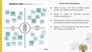 Jamie’s Core Motivations
● Wants to buy a TV that is reliable, good
quality, and suited to personal needs.
● Seeks to make an informed decision
without wasting time.
● Motivated by a desire for confidence, trust,
and assurance before making the purchase.
● Hopes to find something that feels worth
the money and “awesome.”
 