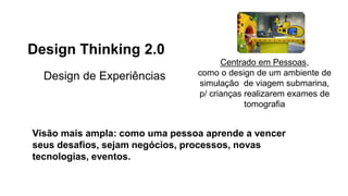 Design Thinking 2.0
Design de Experiências
Centrado em Pessoas,
como o design de um ambiente de
simulação de viagem submarina,
p/ crianças realizarem exames de
tomografia
Visão mais ampla: como uma pessoa aprende a vencer
seus desafios, sejam negócios, processos, novas
tecnologias, eventos.
 
