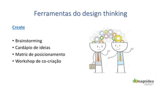 Create
• Brainstorming
• Cardápio de ideias
• Matriz de posicionamento
• Workshop de co-criação
Ferramentas do design thinking
 