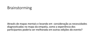 Brainstorming
Através de mapas mentais e levando em consideração as necessidades
diagnosticadas no mapa da empatia, como a experiência dos
participantes poderia ser melhorada em outras edições do evento?
 
